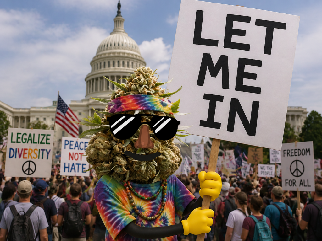 Protester dressed as cannabis plant holding "LET ME IN" sign at federal cannabis policy demonstration near Capitol building, surrounded by various protest signs advocating for legalization and diversity.