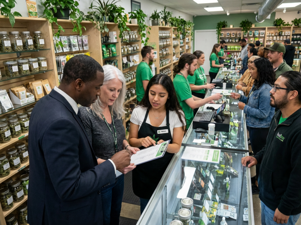 busy cannabis store with many people working with budtenders and a checklist