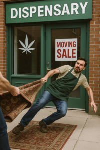 a man with a rug wrestling with another man trying to take it from him outside his dispensary door.