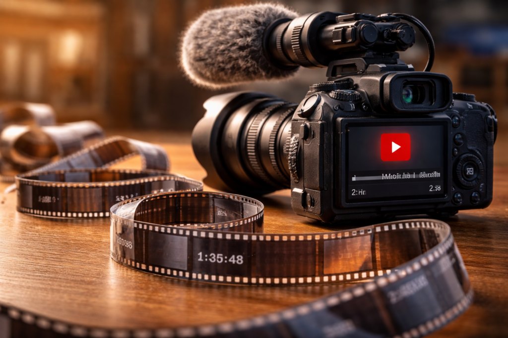 a video camera with a length of uncoiled film