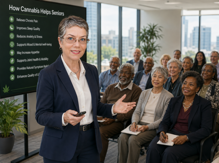 Cynthia speaking to a group of seniors