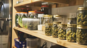 shelf with cannabis in clear jars
