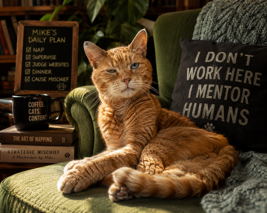 Mike the orange tabby cat is sitting on his chair