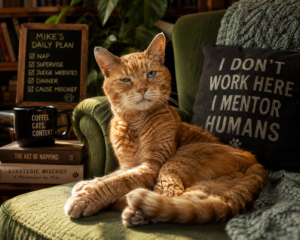 Mike the orange tabby cat is sitting on his chair