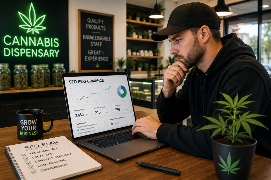 a man looking at a laptop with a cannabis website on the screen