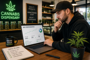 a man looking at a laptop with a cannabis website on the screen
