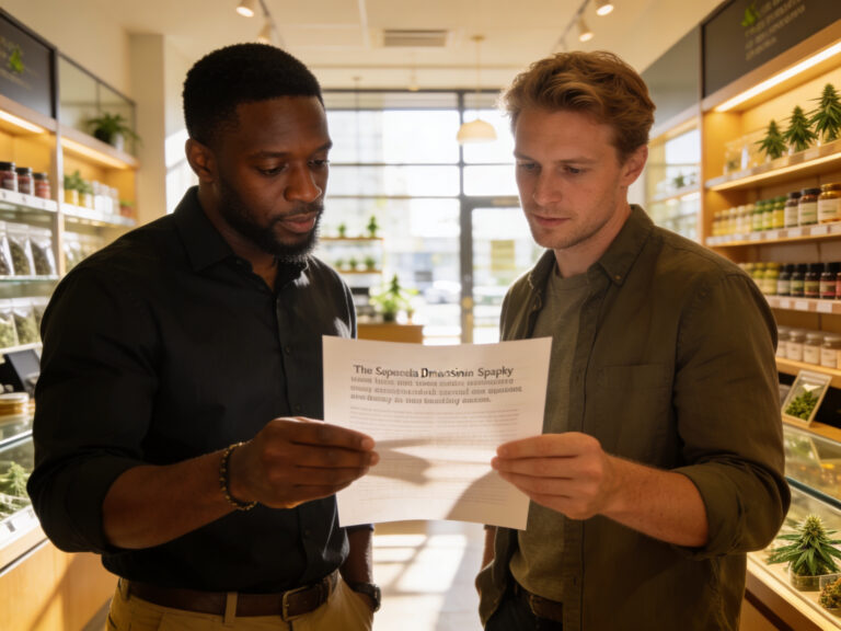 two cannabis dispensary ownern looking at a paper