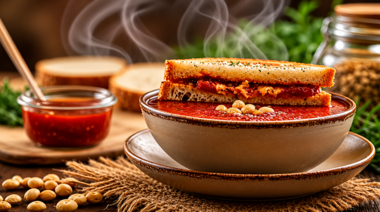 a warm bowl of soup and a sandwich