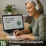 woman at a computer with headset studying