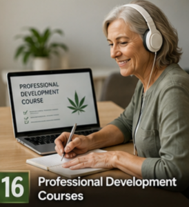 woman at a computer with headset studying