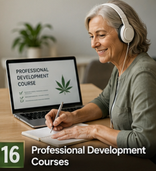 woman at a computer with headset studying
