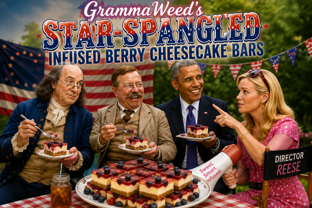 Star-Spangled Berry Cheesecake Bars: infused dessert featuring Franklin, Roosevelt, Obama, and Reese Witherspoon.