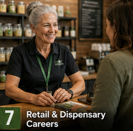 a senior woman is working at a retail cannabis counter helping a woman.