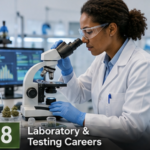 a lab coated woman looking into a microscope.