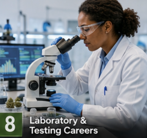 a lab coated woman looking into a microscope.