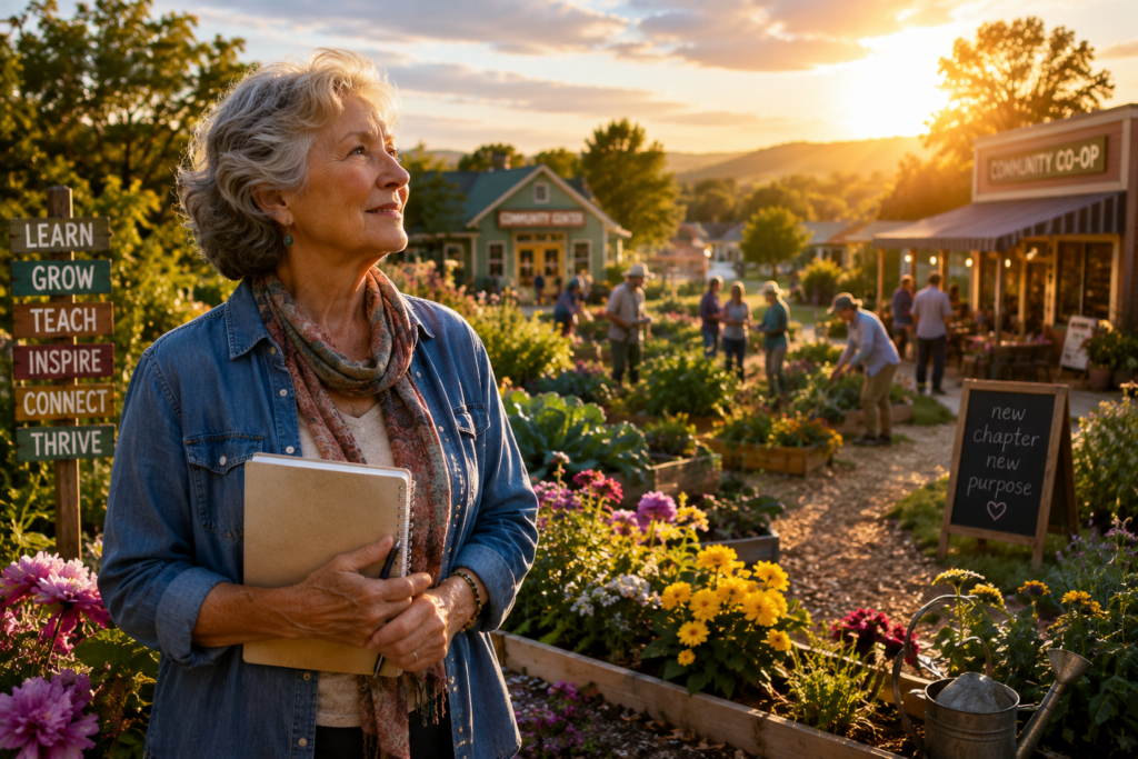 an older woman holding a notebook looking at her garden