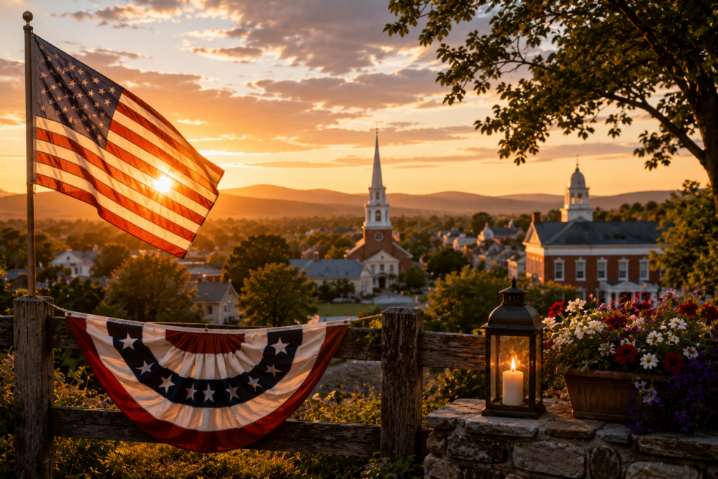 American flag and steeple townscape at sunset, symbolizing USA and national support.