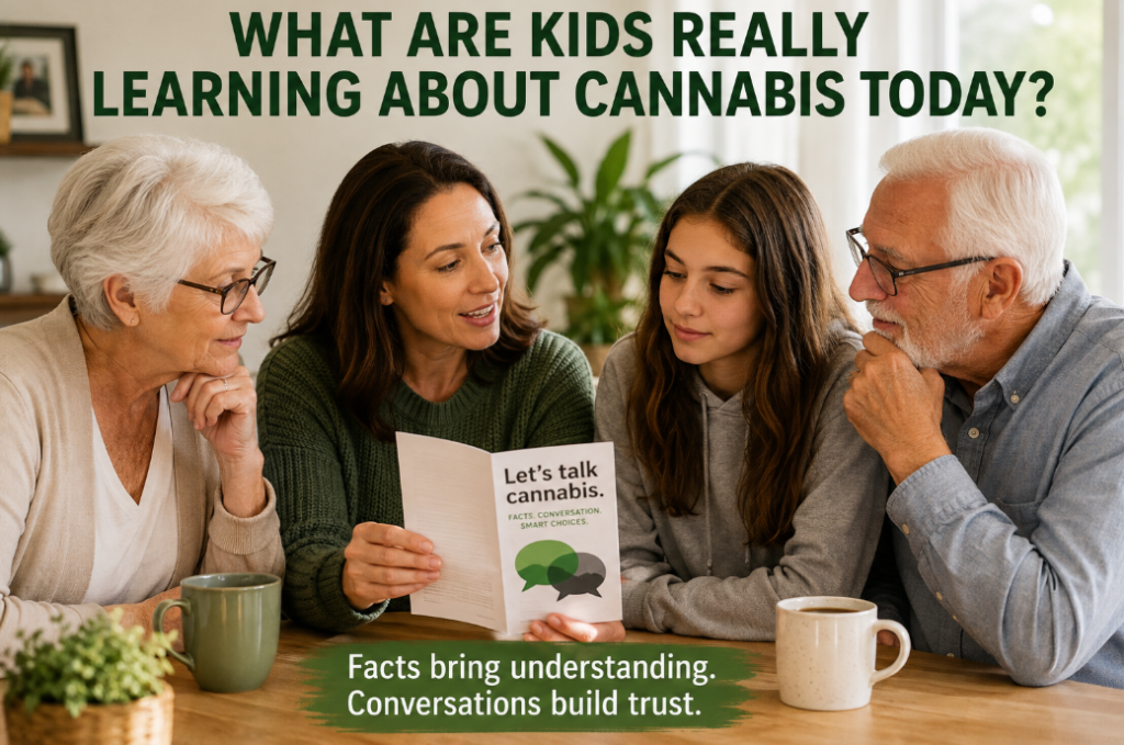 three generations of women and one older man are discussing cannabis at the table