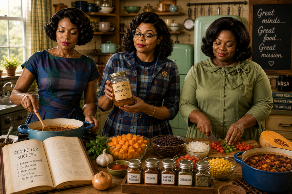 three ladies are making chili and drinking moonshine