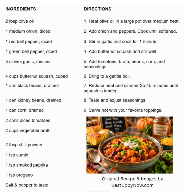 recipe and an image of the butternut squash chili