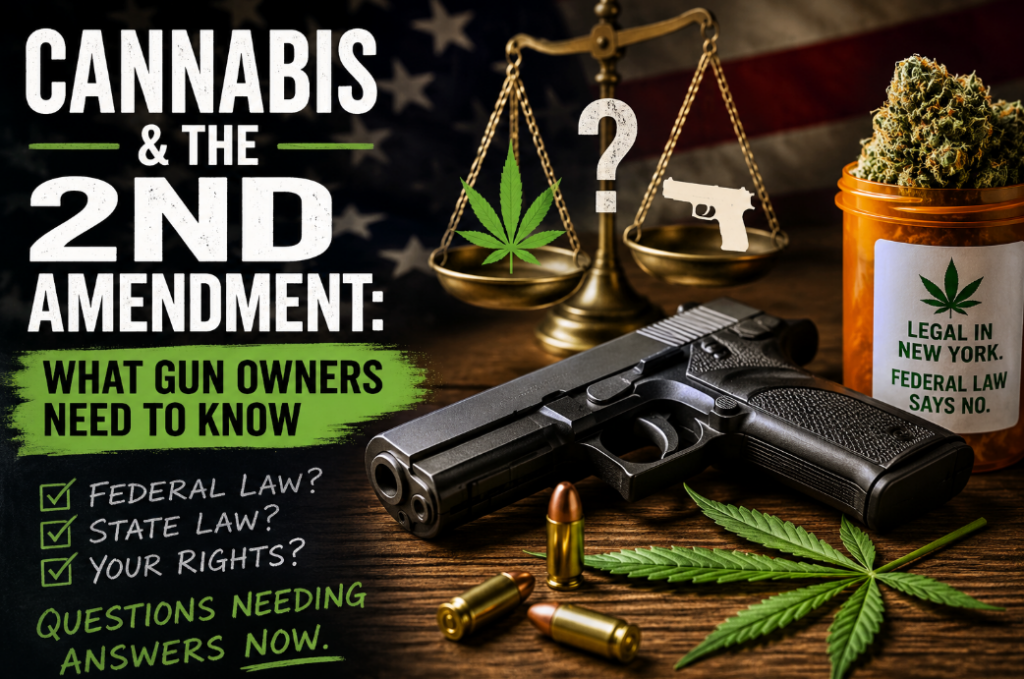 a table with cannabis and a pistol