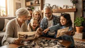 grandparents and parents teaching two young girls about their family history in pictures