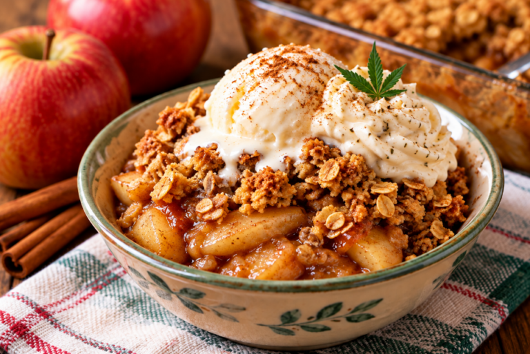 a fresh bowl of apple crisp, ice cream, and cinnamon cream cannabis icing.