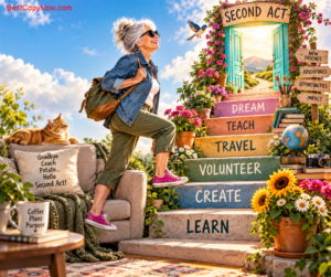 senior woman is climbing steps to a new career