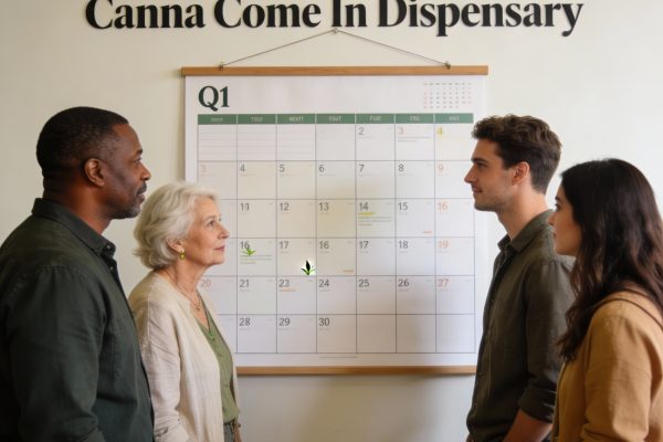 four people looking at a large quarter 1 calendar on the wall.
