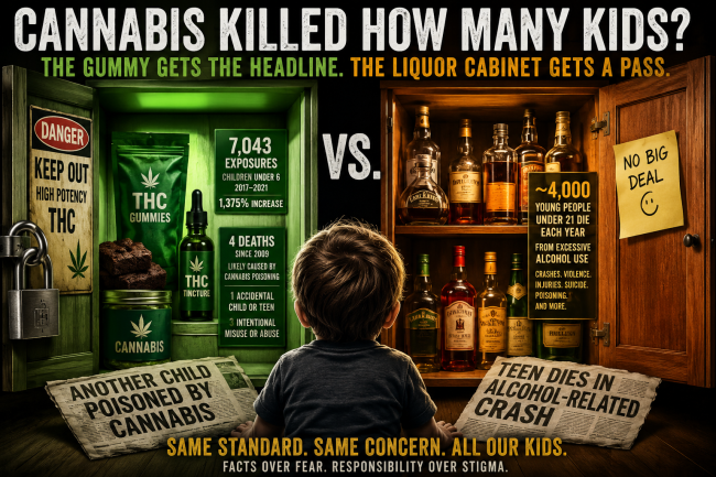 boy looking at an open cabinet with alcohol and cannabis products