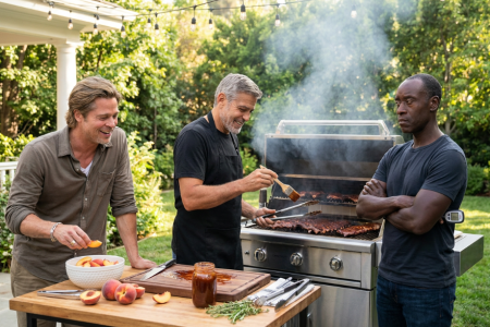 George Clooney, Brad Pitt, and Don Cheadle at a BBQ