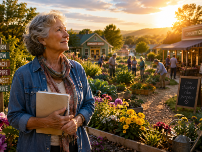 an older woman holding a notebook looking at her garden