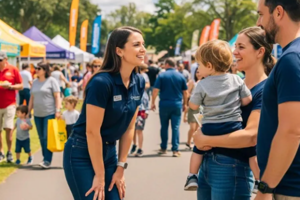 Woman speaking to a woman holding a small toddler