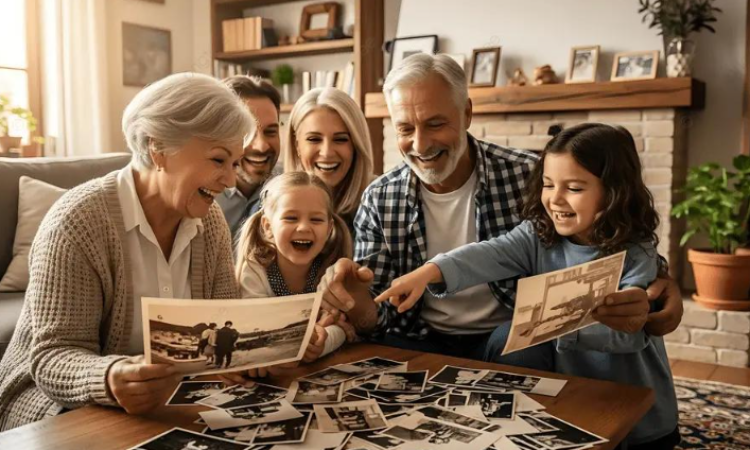 grandparents and parents teaching two young girls about their family history in pictures