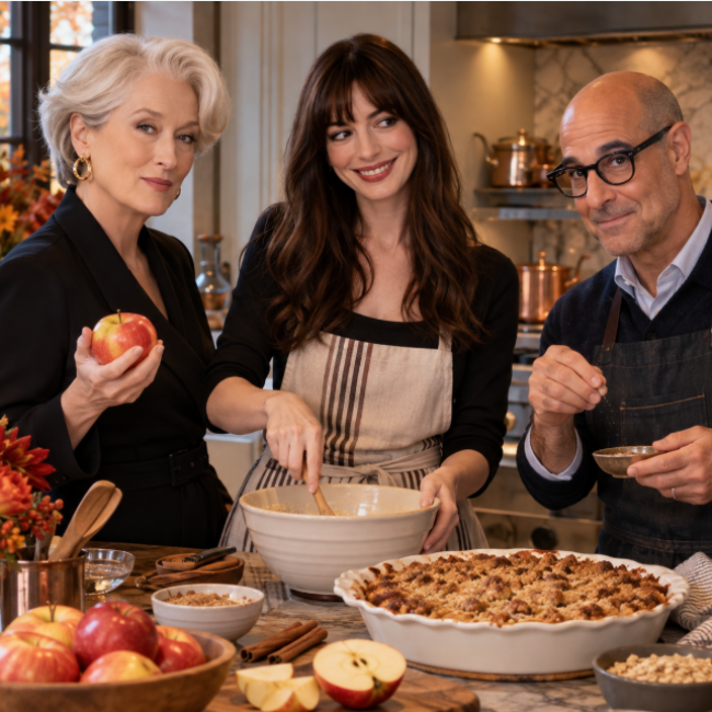 Miranda, Andy, and Nigel are in the kitchen making dessert.