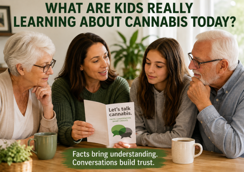 three generations of women and one older man are discussing cannabis at the table