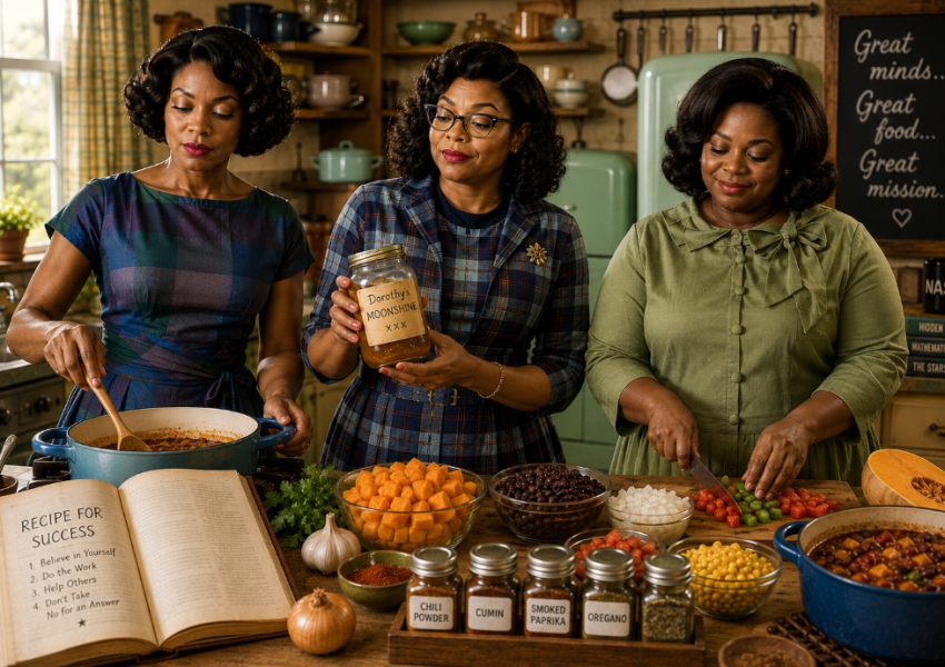 three ladies are making chili and drinking moonshine
