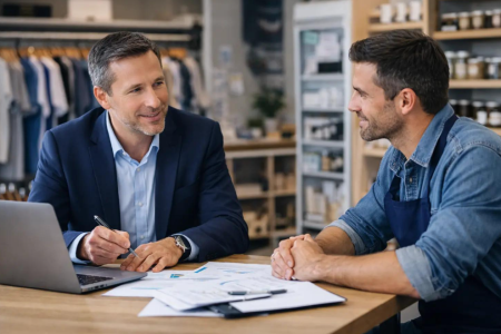 two men at a table talking about advertising and compliance