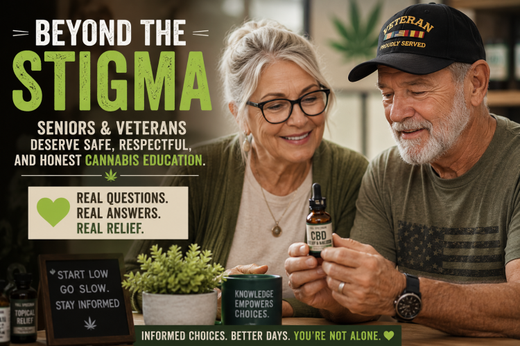 a senior man and woman discussing cannabis and CBD